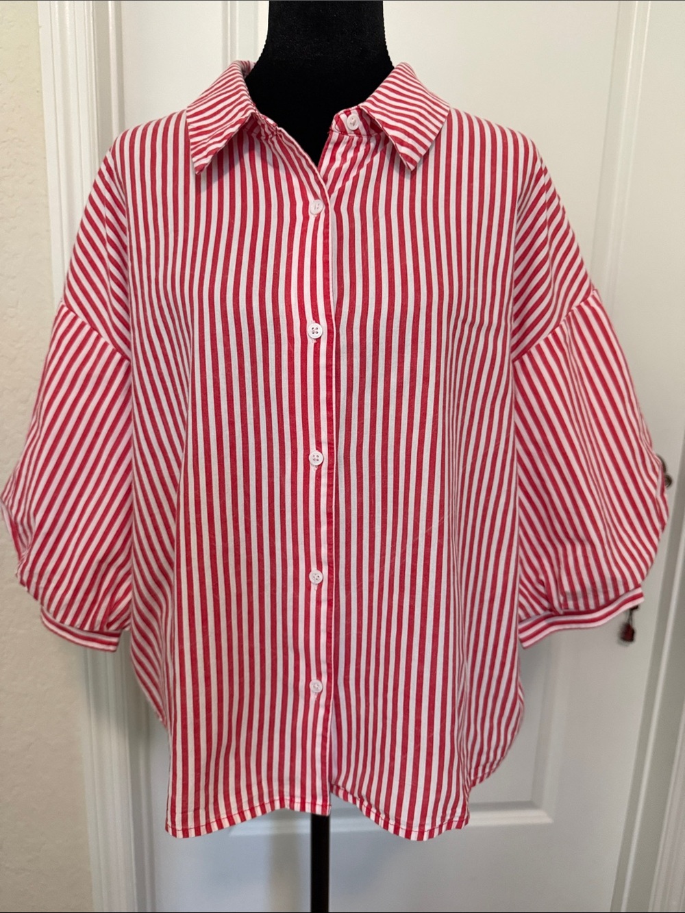 English Factory Red and White Vertical Stripe Button-Down Shirt Medium